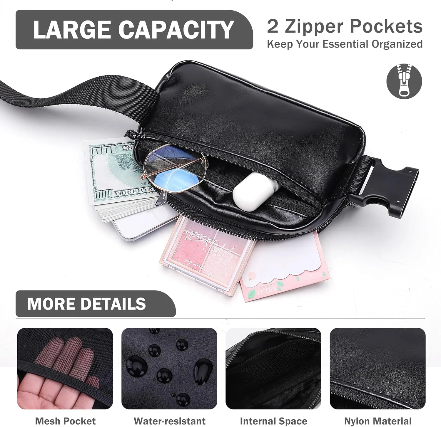 ZPN Mini Fanny Pack Belt Bag for Women and Men, Fashionable Waterproof Waist Pack with Adjustable Strap for Traveling, Hiking, Jogging, Cycling (PU Black)